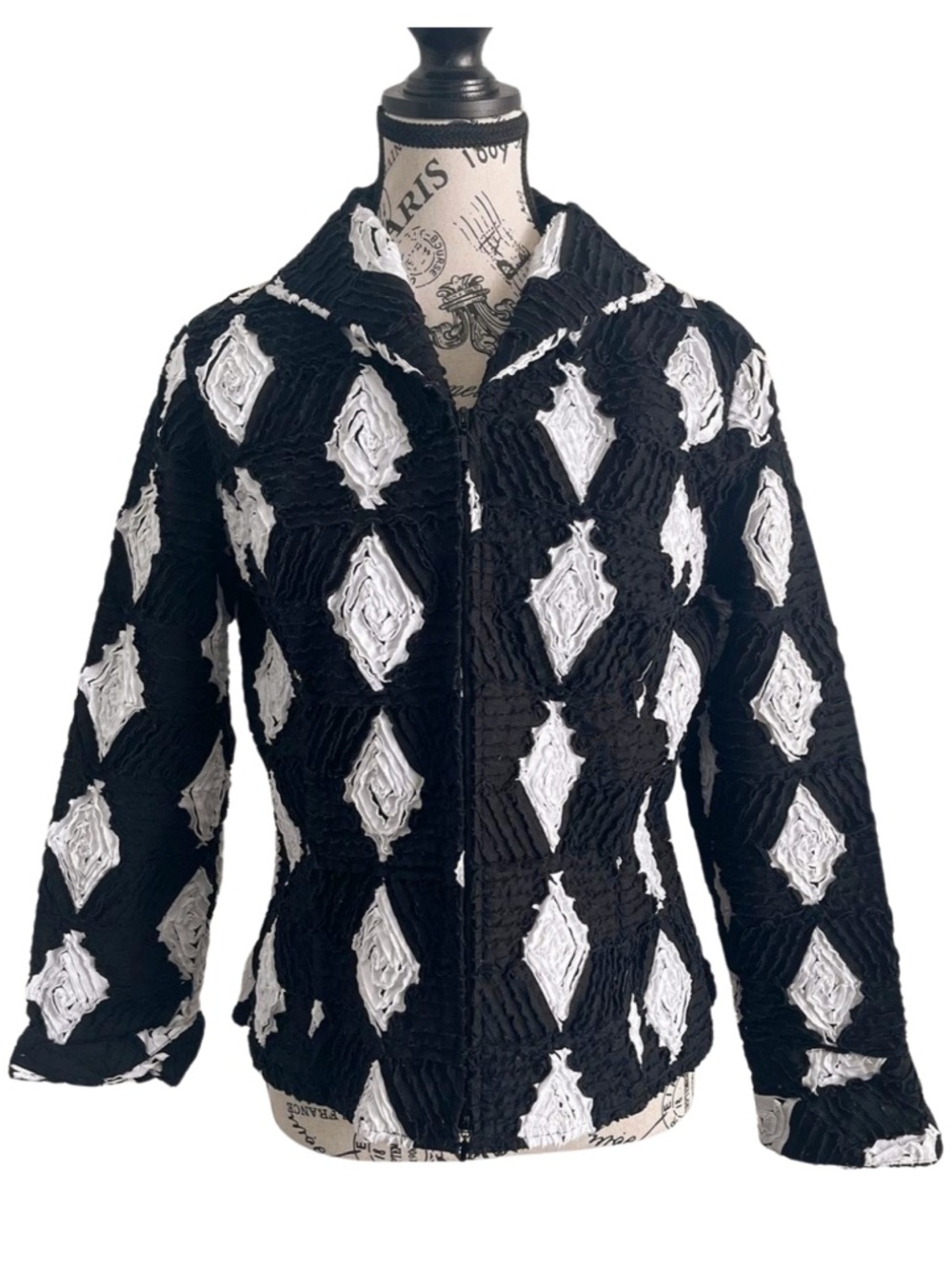 Samuel Dong Textured Black White Diamond Jacket Sculptural Zip Avant Garde M